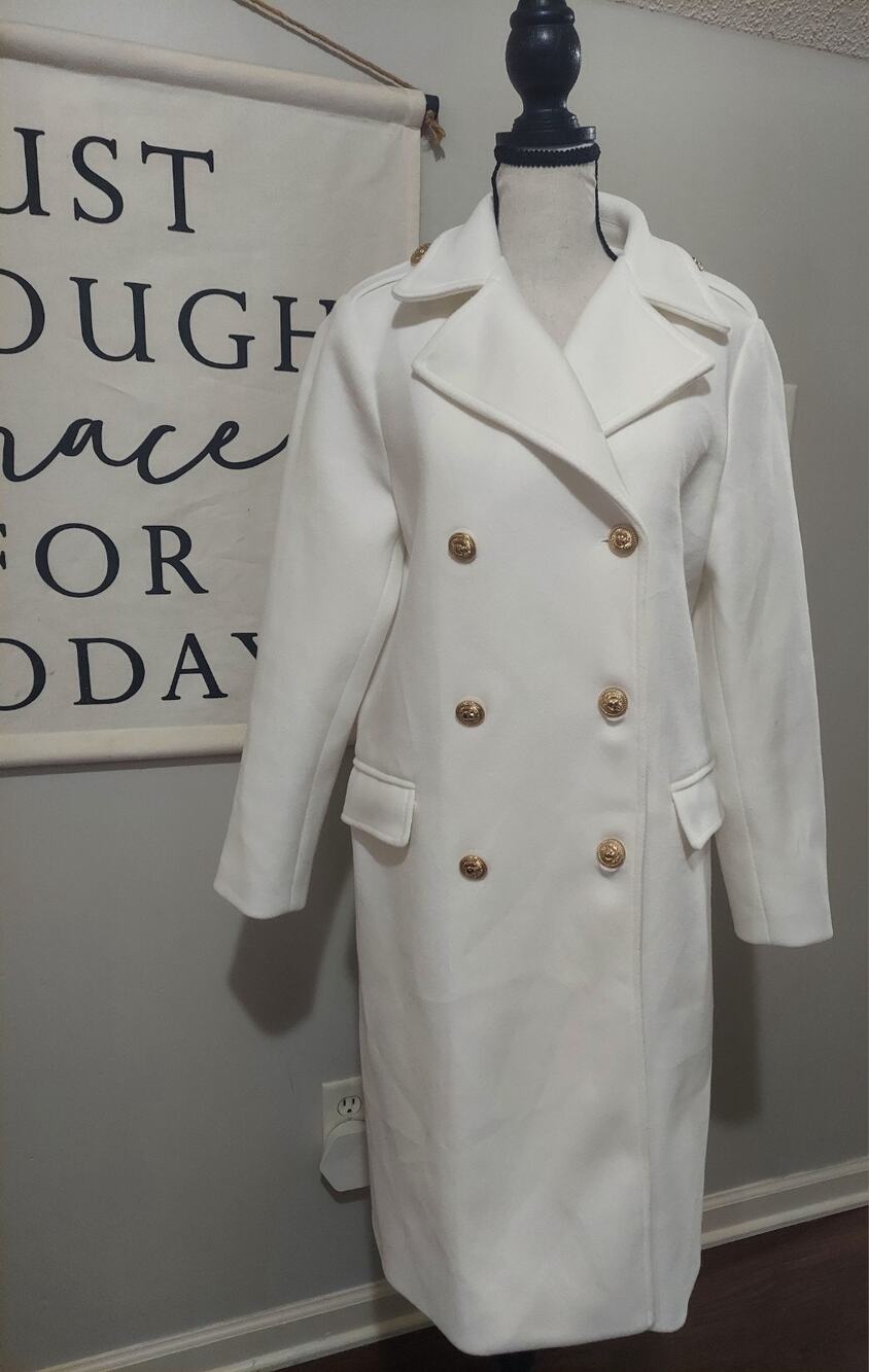 Chartou Double-Breasted Long Coat Classic White Gold Accents Wool Blend Size M